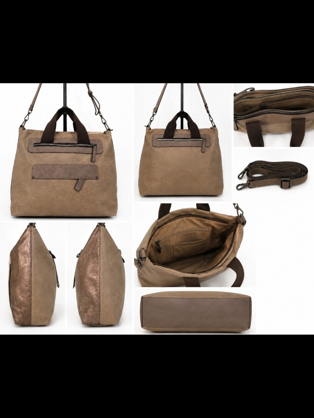 ChillX Large Colorblock Faux Leather Tote Shoulder Bag Taupe Bronze